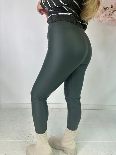 PU Leather Look Leggings - Khaki