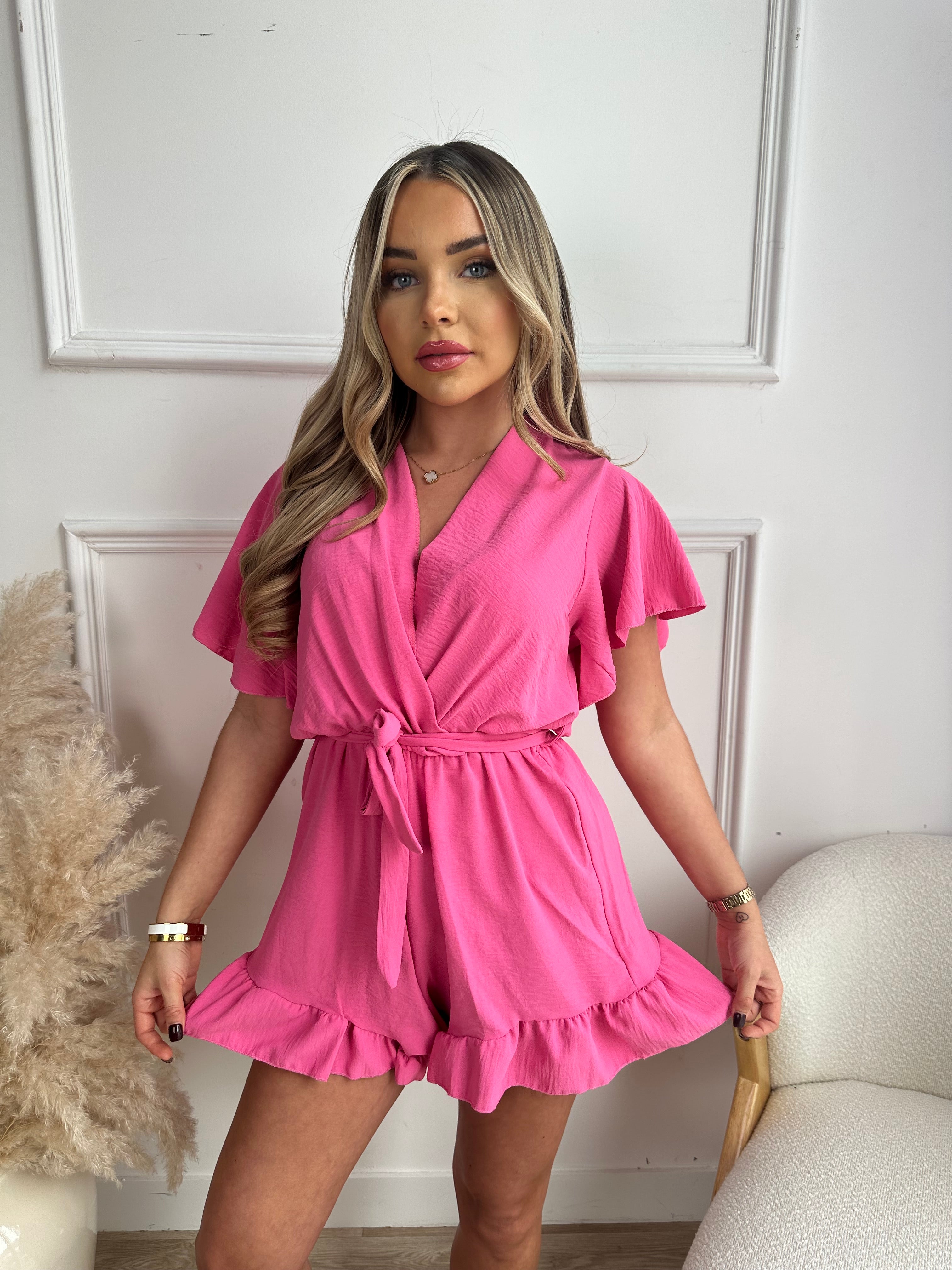 belted frill playsuit hot pink