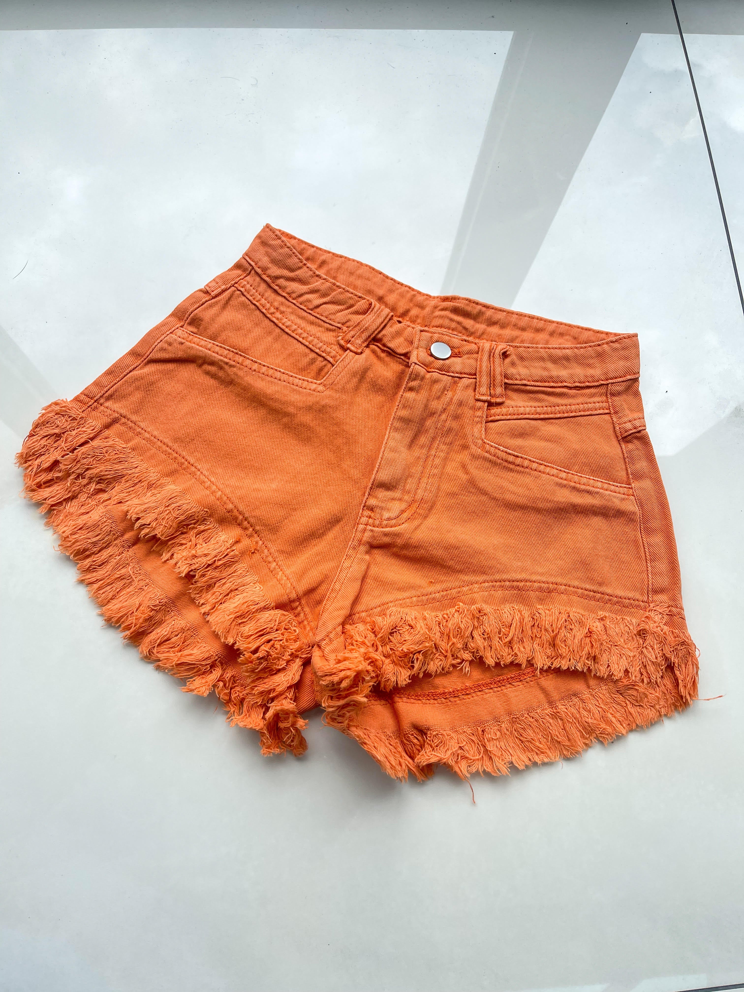 Orange denim shorts on sale